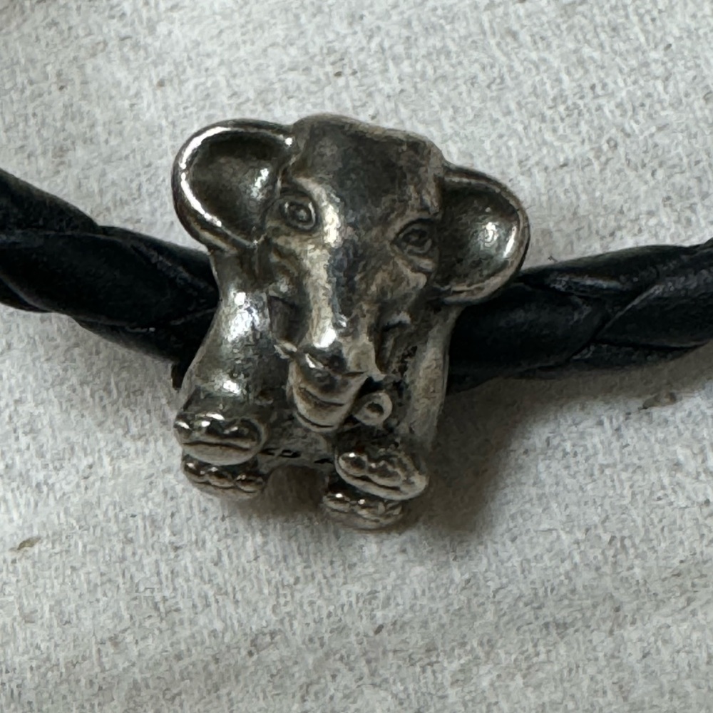 Pandora Silver Elephant Charm on Black Leather Bracelet